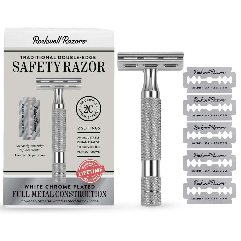 ROCKWELL RAZORS ROCKWELL RAZORS 2C White Chrome Double Edge Safety Razor With Adjustable Shave Settings and 5 Fully Recyclable Razor Blades. Reusable Safety Razors for Men and Women.