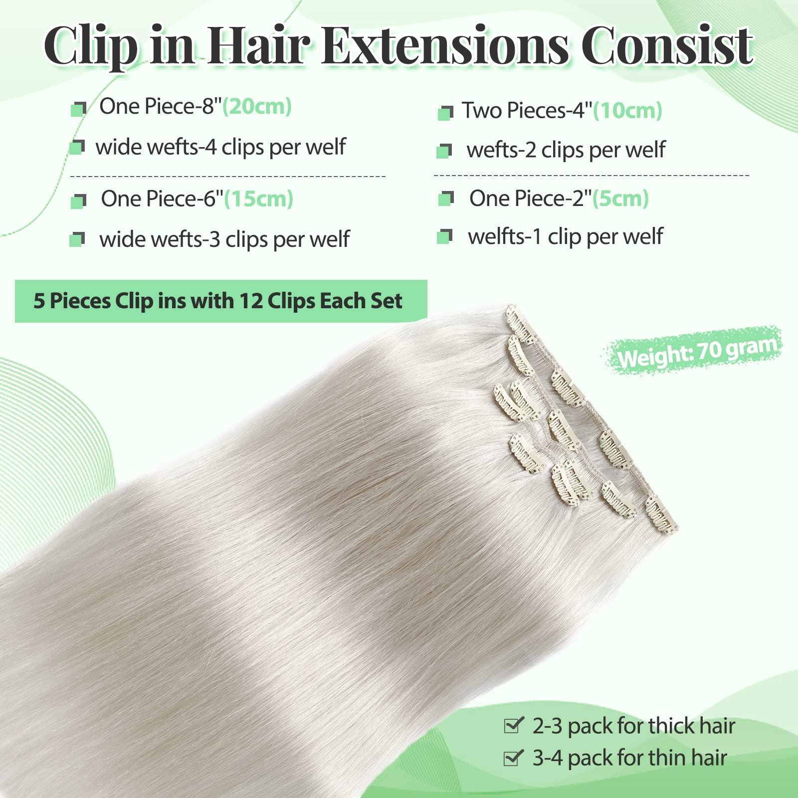 SOSEXY Clip in Hair Extensions Ice White Remy Human Hair Extensions 70g 5pcs Silk Straight Double Weft Real Human Hair Clip in Extensions 16 Inch Hair Extensions Clip ins Full Thick Ends Hair Extensions