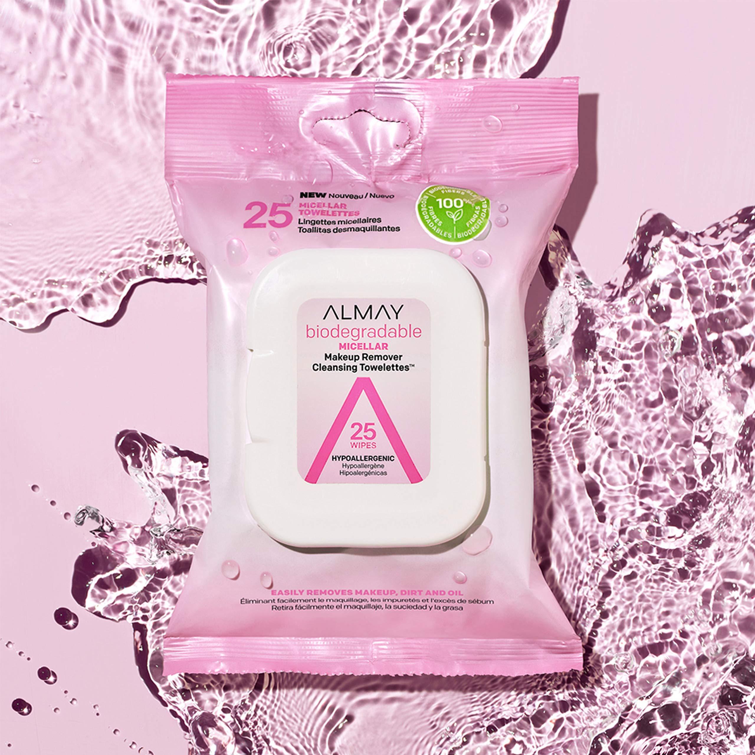 Almay Almay Makeup Remover Cleansing Towelettes, Biodegradable Micellar Water Wipes for Sensitive Skin, Hypoallergenic, Cruelty- & Fragrance-Free, 25 Count