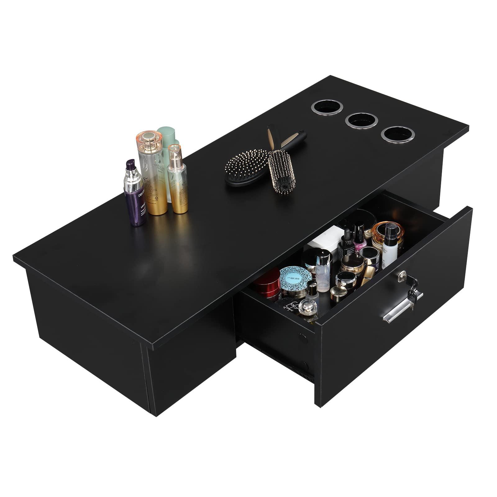 Shyneer Beauty Barber Spa Equipment,Wall Mount Locking Styling Hair Station, Classic Salon Classic Beauty Salon Spa Locking Cabinet with Big Drawer,Appliance Holder Beauty Spa Salon Equipment,Black