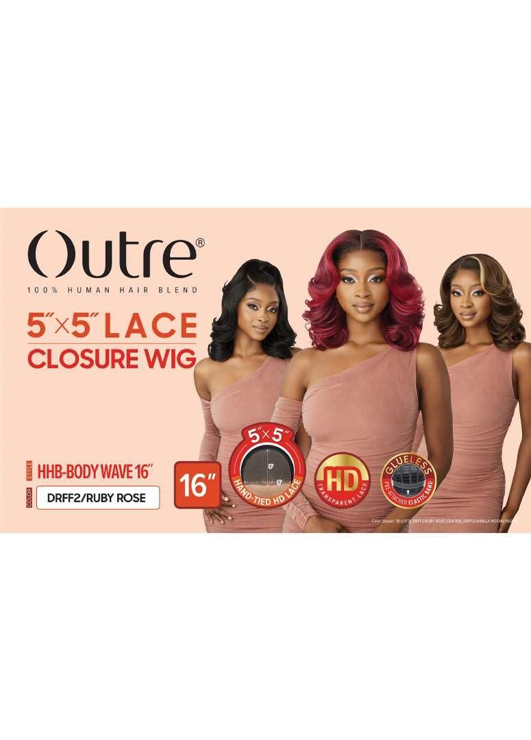 Outre Outre - 5X5 Lace Closure Wig - Human Hair Blend - Body Wave 16\" (DARK BROWN 2)