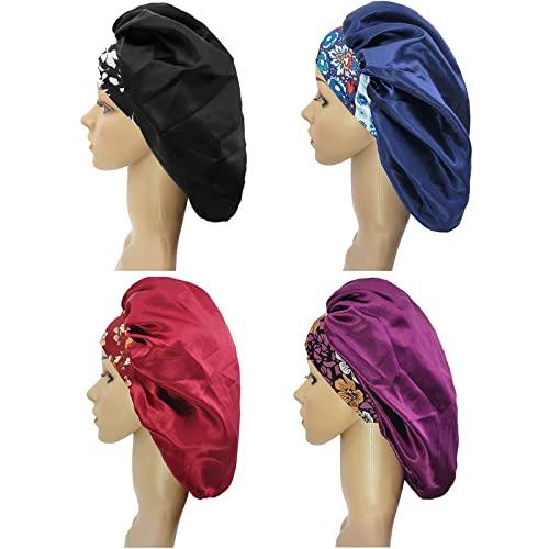 COSBAY 2PCS Satin Bonnets for Women,Soft Wide Elastic Band Silk Bonnet,Satin Silk Single Layer Large Satin Bonnet,Sleep Cap for Curly Hair,Satin Cap for Natural Braids Hair(Black+Purple)
