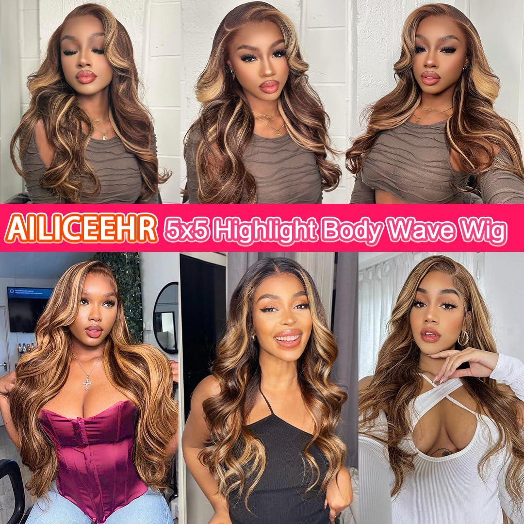 AILICEEHR AILICEEHR 30 Inch Highlight Ombre 5x5 Lace Closure Wigs Human Hair Body Wave P4/27 Honey Blonde Glueless Wigs Human Hair Pre Plucked HD Lace Front Balayage Colored Wigs Human Hair 180% Density