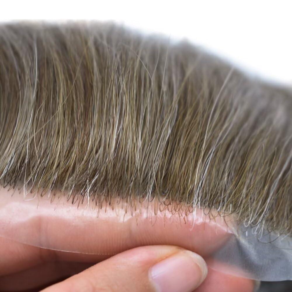 SINGA HAIR Toupee for Men Ultra Thin Skin Mens Hair System Soft Human Hair piece 0.04mm Invisible Mens Toupee All V-loop Skin PU Men Hair Unit Mens Hair Replacement6X8\"-100%density#540 Medium Light Brown+40%Gray