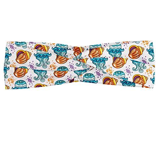 Lunarable Lunarable Aquarium Headband for Women, Jellyfish Seashell and Crabs Pattern Tropical Aquatic Fauna Illustration, Elastic Comfy Hair Accessory Knotted Head Wrap Everyday Use, XS-S, Lavender Orange Blue