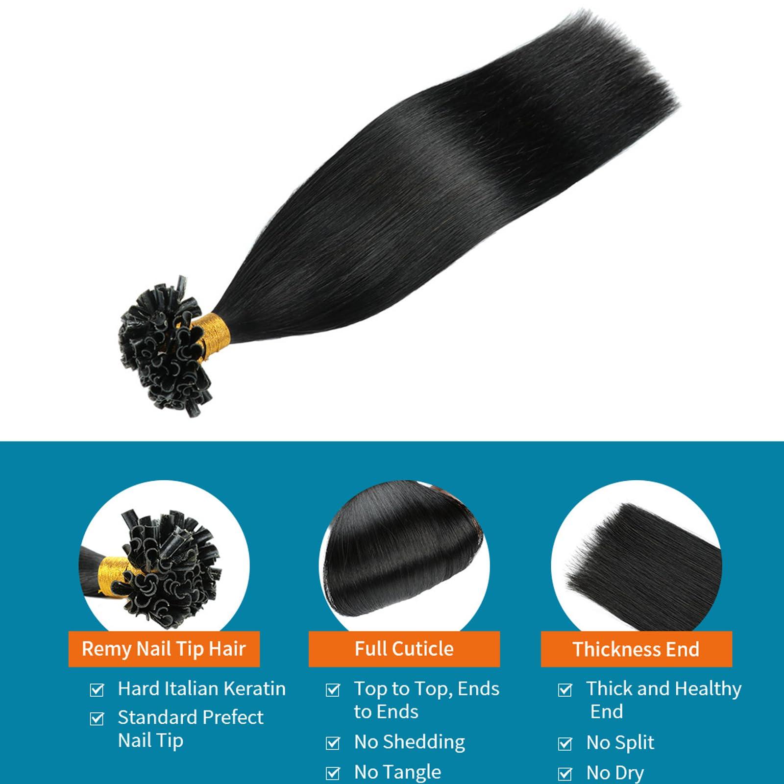 RIBONI U Tip Hair Extensions Real Human Hair Pre Bonded Hair Extensions Keratin U Tip Hot Fusion Hair Extensions U Tips Hair, 22Inch 100 Strands 50g Black