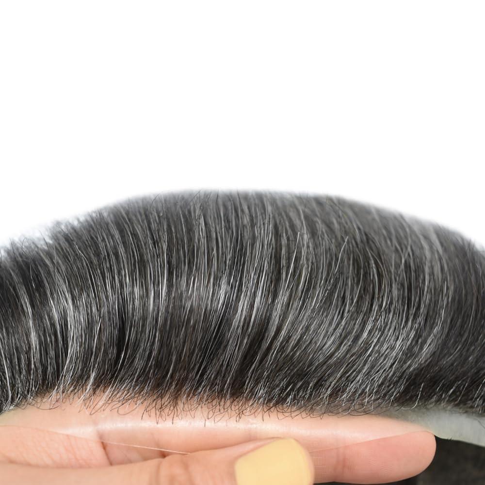 Hair Wonders Toupee for Men Real Human Hair Piece Replacement Systems French Lace Hair Pieces Pu Around Hair Unit for Men Lace Hair System Hair Prosthesis Man8*10\"-120% density#1B50 Off Black + 50% Gray