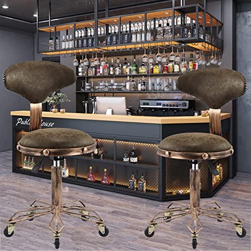 ZJXDPBF Rolling Bar Stools Massage Beauty Spa Adjustable Chair with Swivel Wheels, Rebar 5 Claws and PU Seat Copper Nail Decorationr:Brown-01
