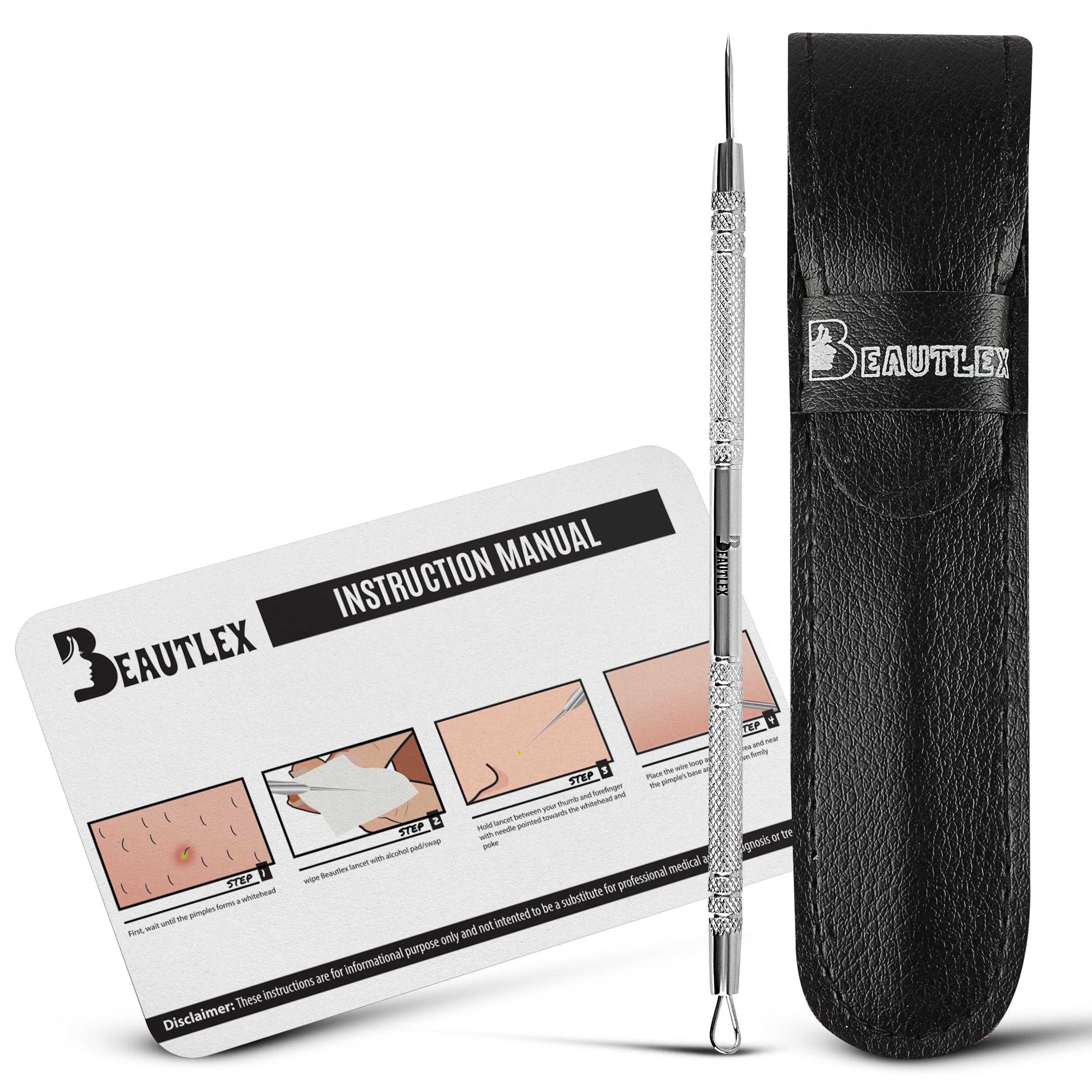 Beautlex Lancet for Facial Milia Remover and Whitehead Extractor. Double Ended Angled Circle Loop & Sharp Needle Pimple Popper Tool. Dermatologists recommended Design and Comes with Synthetic Leather Storage