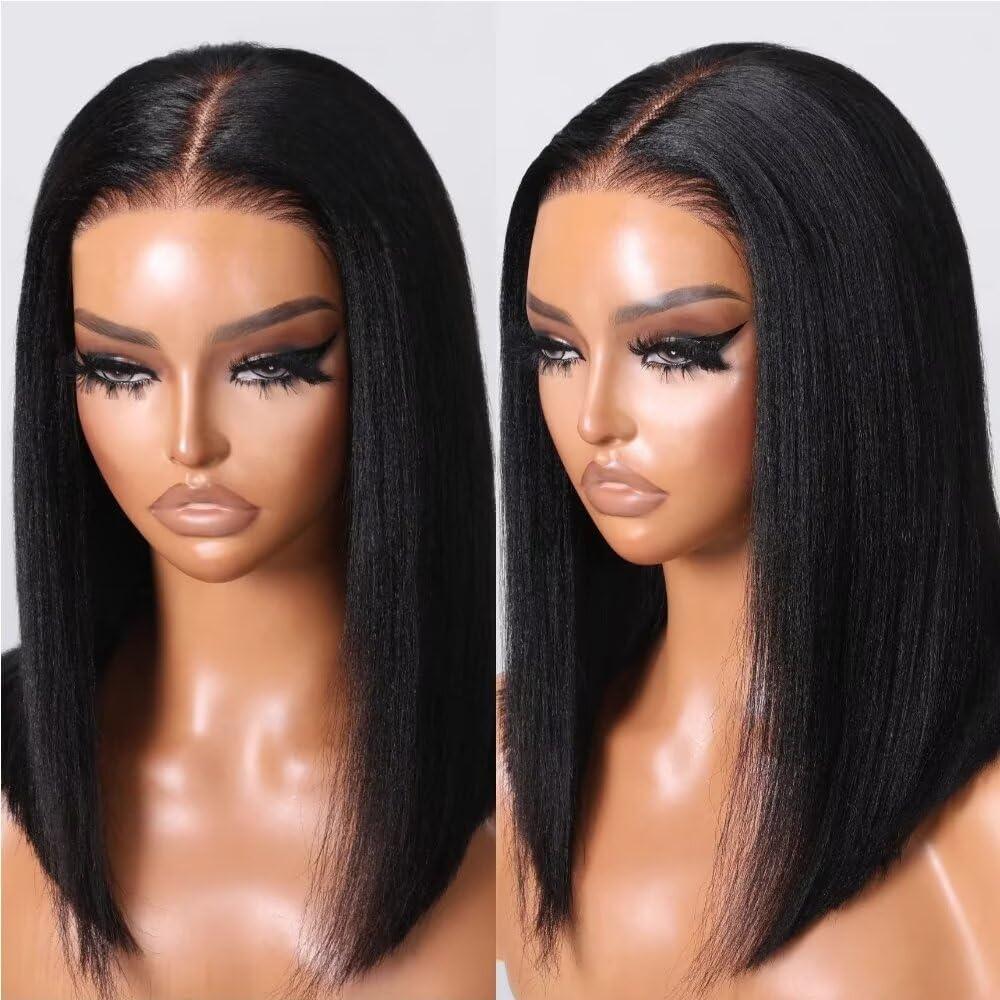 oulaer oulaer Straight Bob Wig 13x4 Lace Front Wig Human Hair Pre Plucked Bleached Knots Cut Wear Go Glueless Wigs Ntaural Hairline HD Lace Wig Yaki Straight Bob Wig 150% Density 12Inch