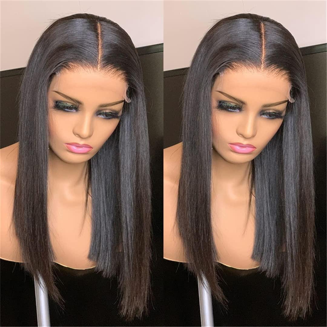 Sweejim Silk Straight 4X4 Silk Lace Wig For Women Natural Black Synthetic Lace Closure Wig Glueless Heat Fiber Silk Base Wigs 18inch