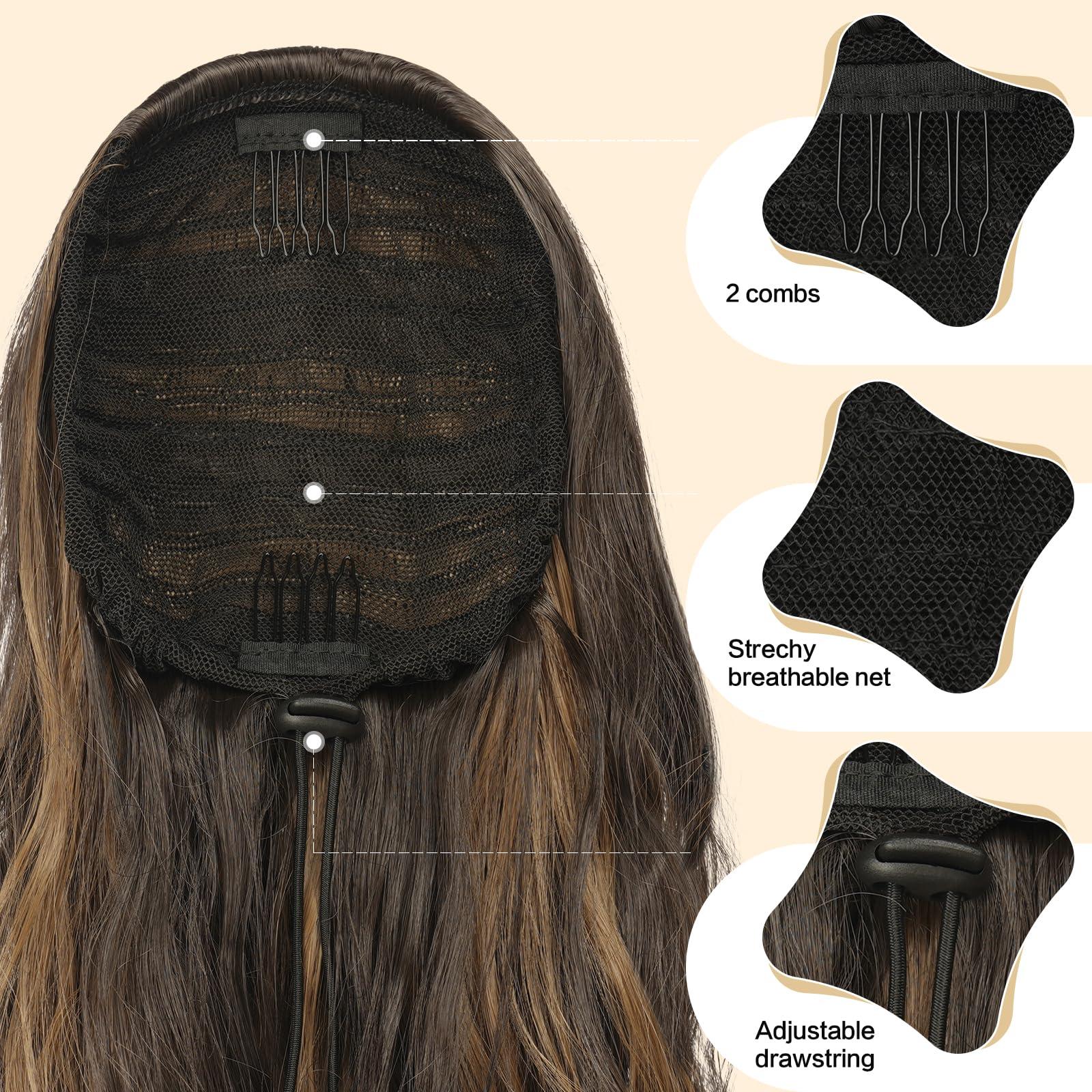 FESHFEN FESHFEN Ponytail Extensions, Drawstring Ponytails Hair Extension Black Brown Mix Golden Blond Long Curly Wavy Hair Piece Synthetic Pony Tail Hairpieces for Women, 18 inch