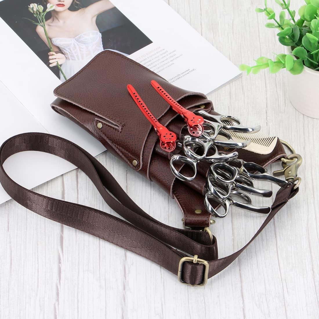 aolaso Hairdressing Scissor Pouch Belt, Aolaso Real Soft Leather Salon Barber Hairdresser Scissors Holster Hair Stylist Tools Bag for Combs with Adjustable Shoulder Strap Sc (Coffee)