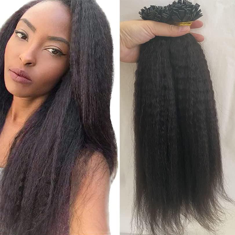 RJ HAIR RJ Hair Flat Tip Human Hair Extensions 30inch Kinky Straight Pre Bonded Hair Extensions I Tip Human Hair Pre Bonded Hair Keratin Hair Coarse Yaki 100 Strand (20inch 100Strand, #1(Jet Black))