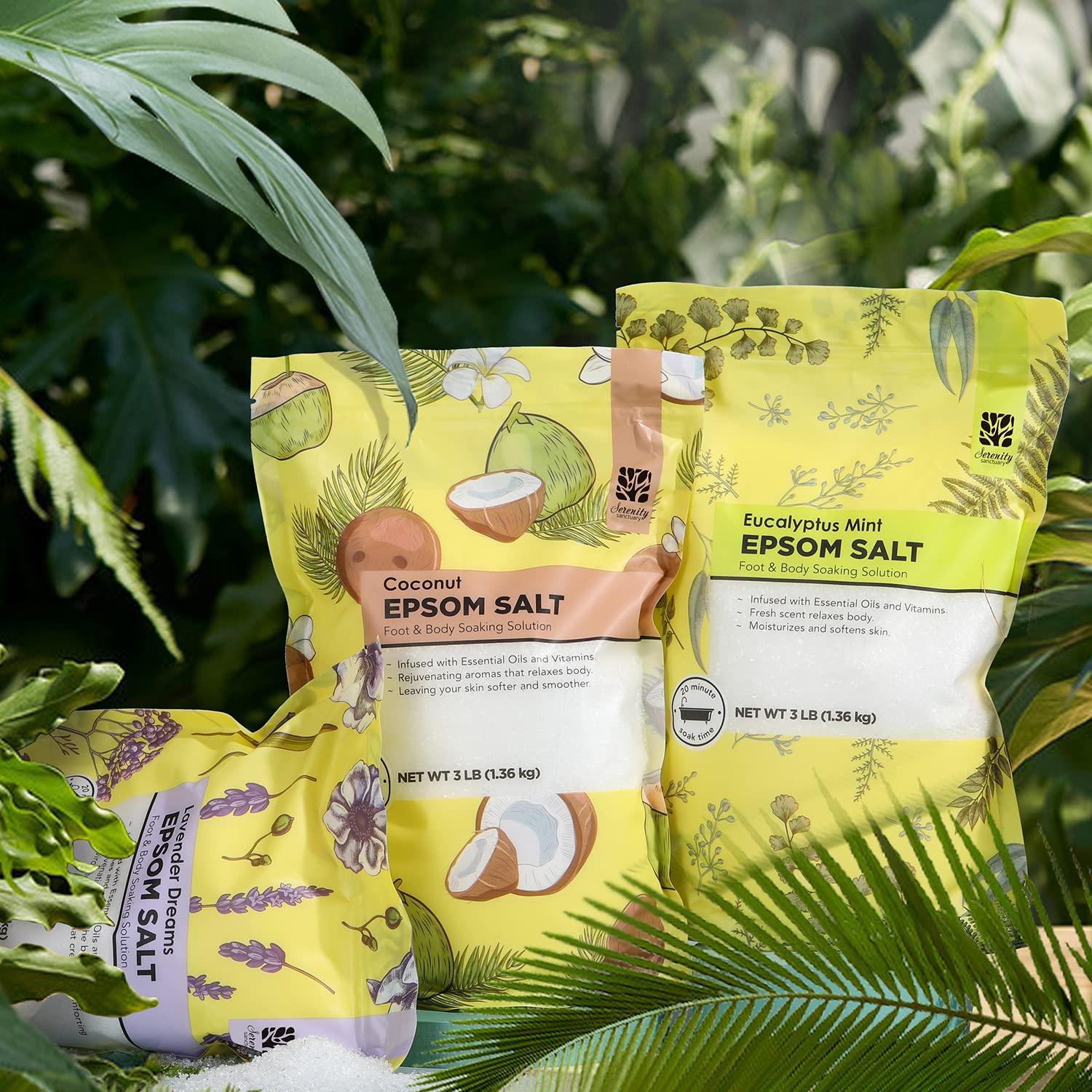 Serenity Sanctuary Epsom Salt for Soaking, 9 lb Scented Bath Salts for Women, Lavender & Eucalyptus & Coconut, Epsom Salt Bulk Bath Spa Set Gifts for Women, Mother\'s Day Gifts, 3lb (Pack of 3)