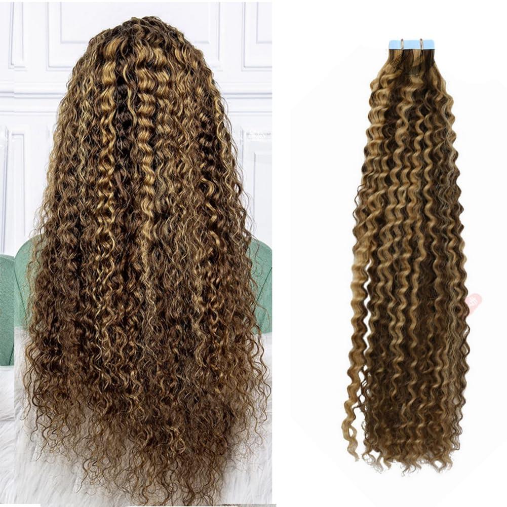 Kiss darling LASHES Jerry Curly Tape In Human Hair Extensions 10inch 100g/40pcs, Chocolate Brown Highlighted to Caramel Blonde Color Curly Hair Seamless, Reusable Tape Hair Extension