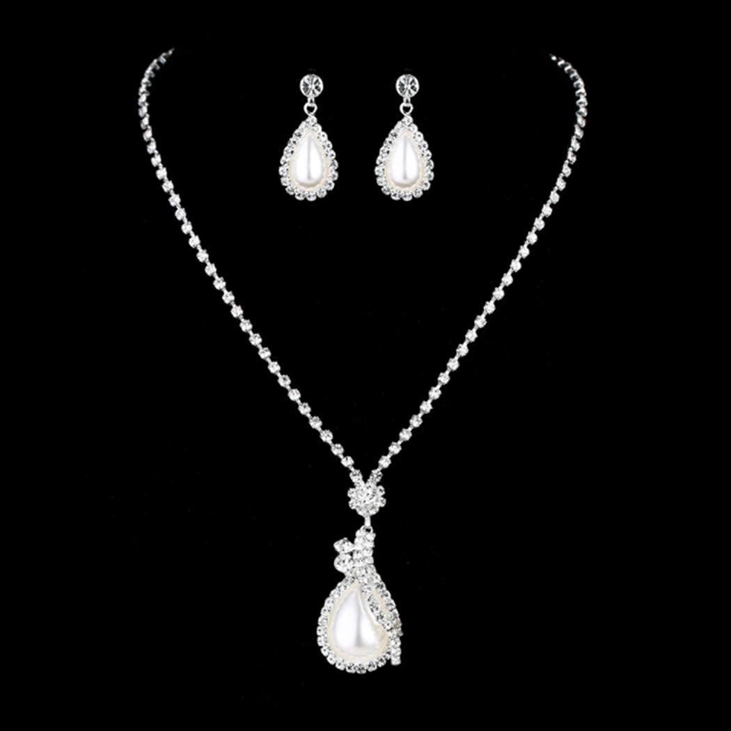 Yean Yean Bride Silver Necklace Earrings Set Crystal Bridal Wedding Jewelry Sets Rhinestone Choker Necklace for Women (Set 2)