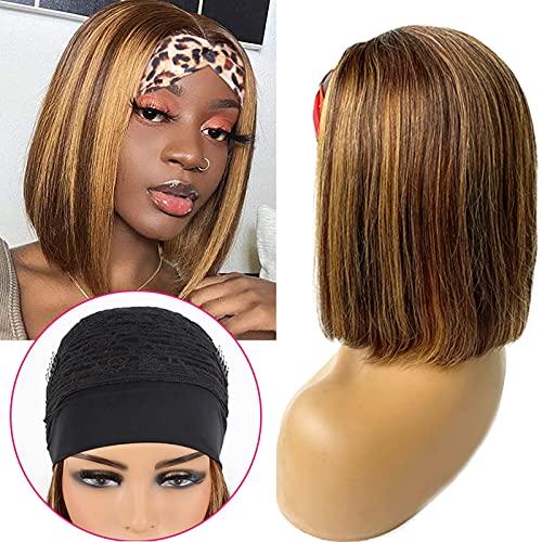 Benafee Blonde Highlights Bob Headband Wigs Human Hair Headband Wig for Black Women 180% Density 4/27 Balayage Brown with Honey Blonde Highlights Human Hair None Lace Front Wig with Headband Attached 16 Inch
