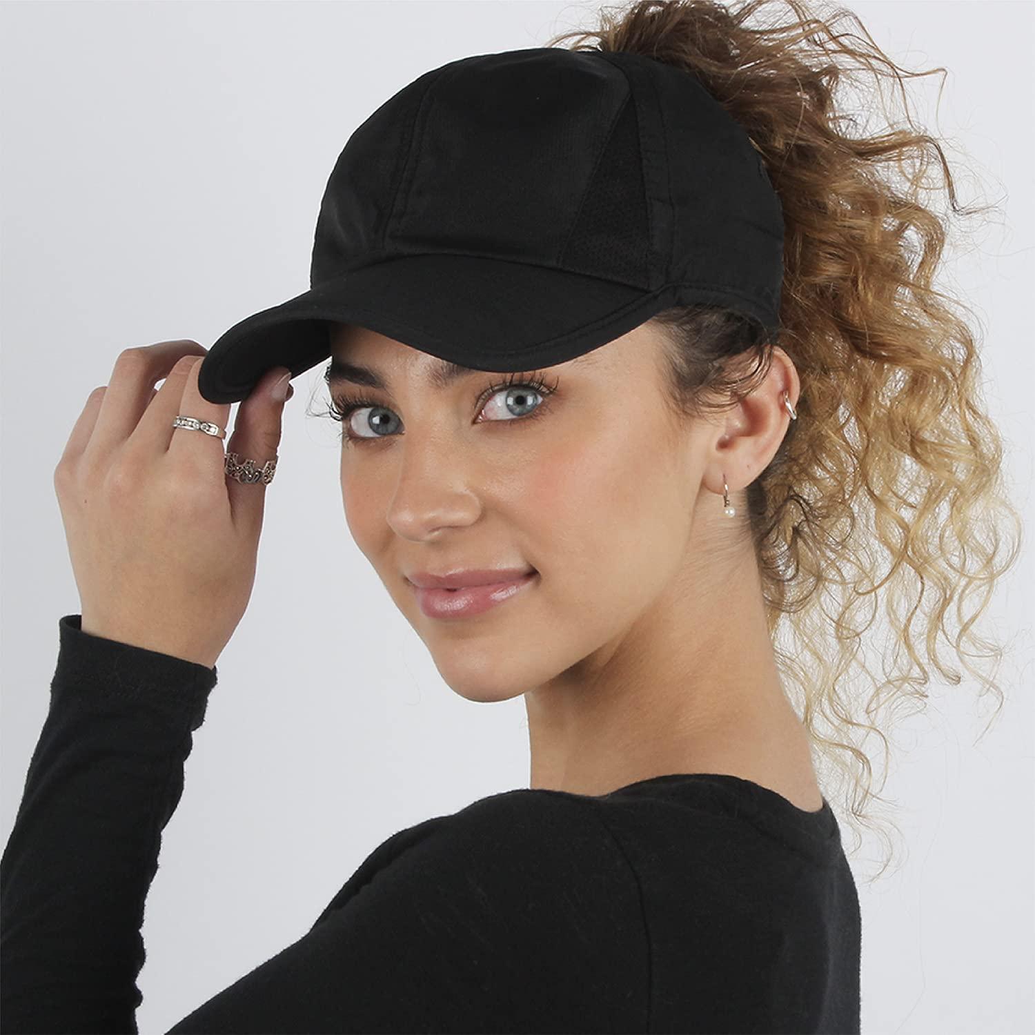 Ponyflo Active Ponytail Hat Ponytail Caps for Women Running Hat for Women Curly Hair Ponytail Hat Womens Ponytail Hats for Gym Black