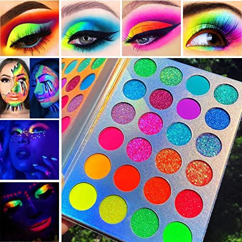 Afflano Afflano Neon Makeup Palette Eyeshadow, Glow in the Dark Neon Eyeshadow Palette Highly Pigmented, Neon Party UV Blacklight Eye Shadow Pallet, Red Orange Pink Pressed Glitter Eyes Makeup Palette