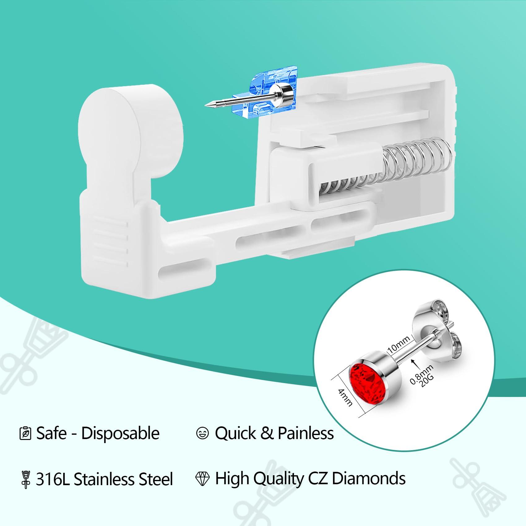 Novopiercing Get the Perfect Ear Piercing with 24 Pcs Premium Ear Piercing Kit - Includes 8 Red CZ Diamond Earrings and 8 Easy-to-Use Self Ear Piercing Gun - Safe and Painless - Sliver