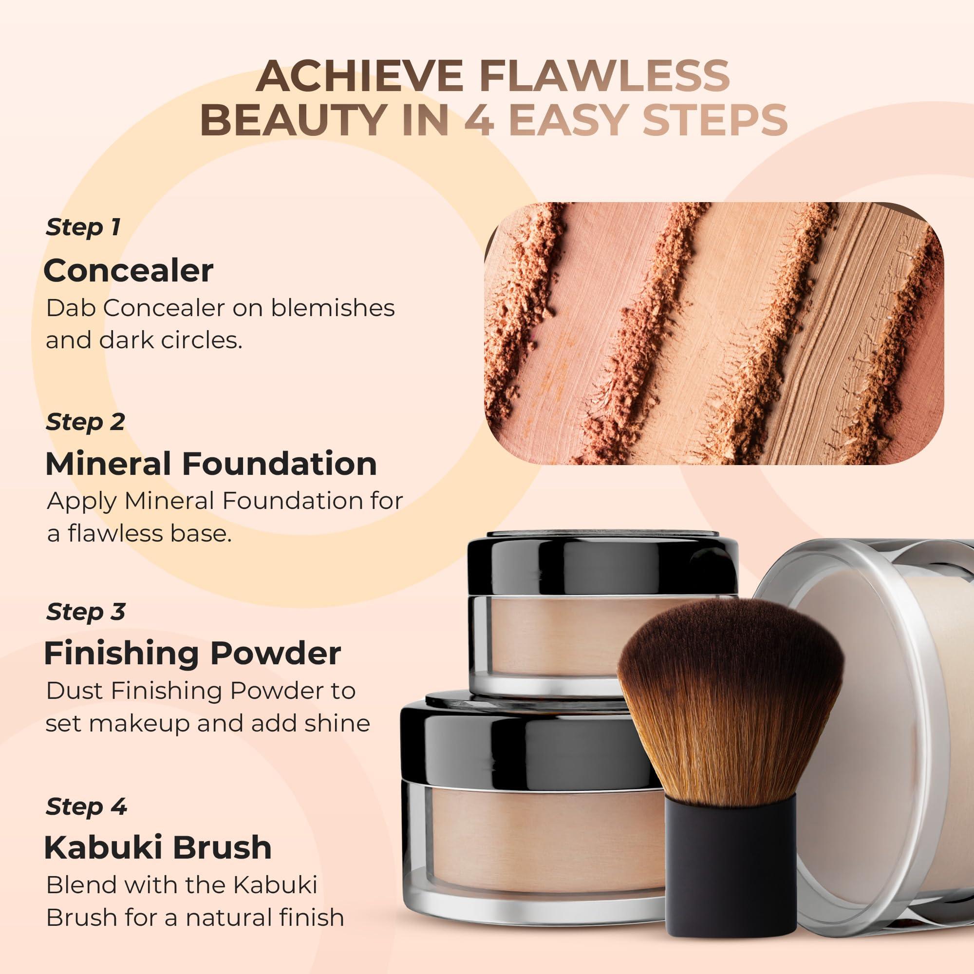 Sweet Face Minerals 4pc Full Size Kit (Cocoa) Mineral Makeup Matte Translucent Loose Foundation + Kabuki Brush + Concealer + Finishing Setting Powder + Bare Face Full Coverage SPF 30 All Skin Types Waterproof