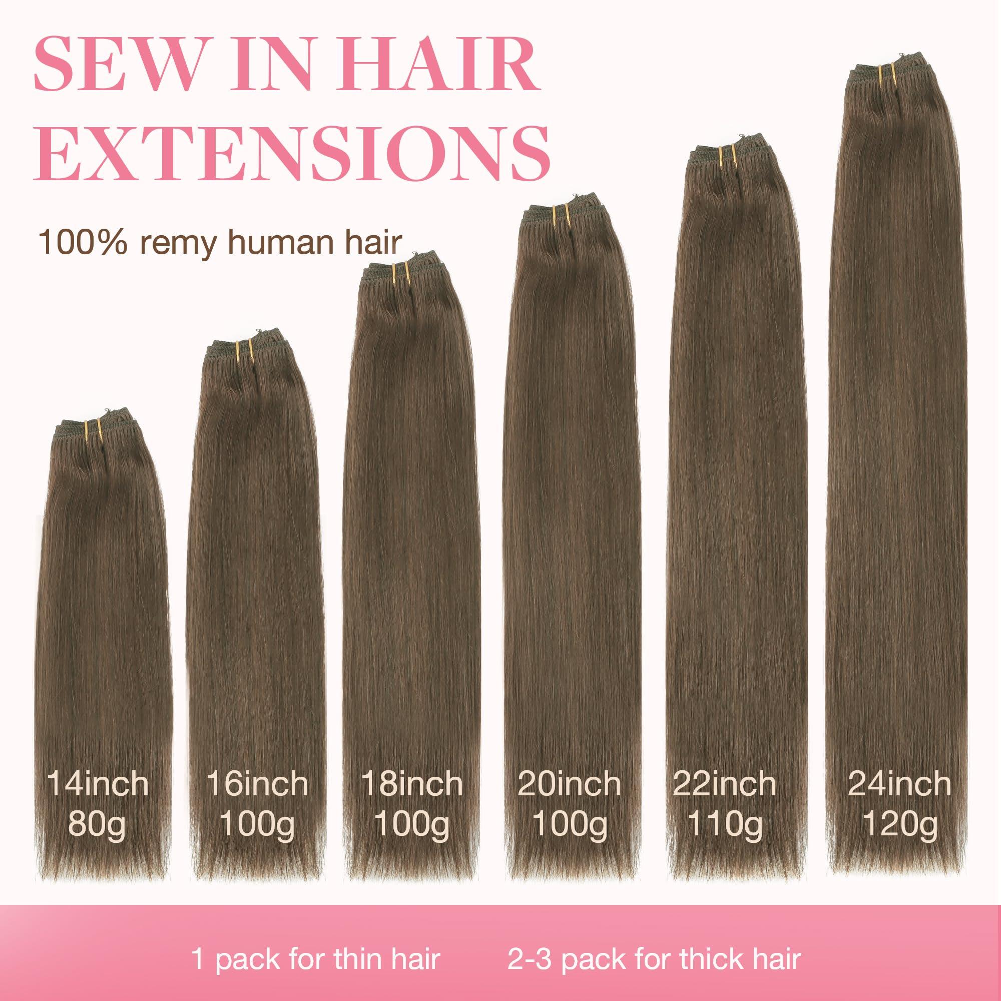 GOO GOO GOO GOO Sew in Hair Extensions Real Human Hair, Weft Hair Extensions Human Hair, 5 Light Ash Brown 22 Inch-110g, Weft Bundles Straight Silky Remy Hair