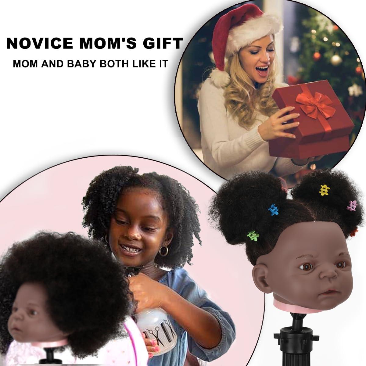 poipoilu Mannequin Head African with Hair 90% Human Hair Cosmetology Mannequin Head Doll Head for Babay and New Mom, Manikin doll to do hair for little girls and Practice Training Braiding (Afro-Black)