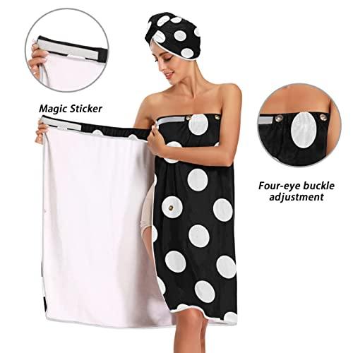 Qilmy Qilmy 3PCS Polka Dot Bath Towels Bathrobe Set for Women, Adjustable Wrap Drying Hair Cap Headband Bath Towel for Spa, Shower, Gym