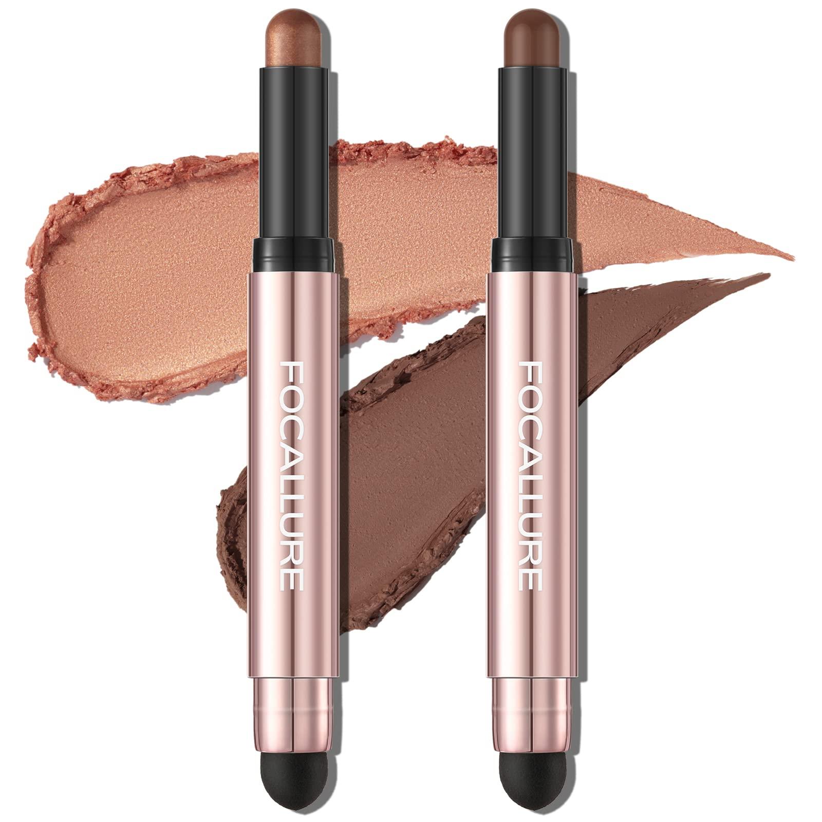 FOCALLURE FOCALLURE 2PCS No Crease Eyeshadow Stick,Shimmer and Matte Cream Eyeshadow Pencil Crayon,Long Lasting Waterproof Eye Brightener Stick With Blending Brush,Alloy Steel