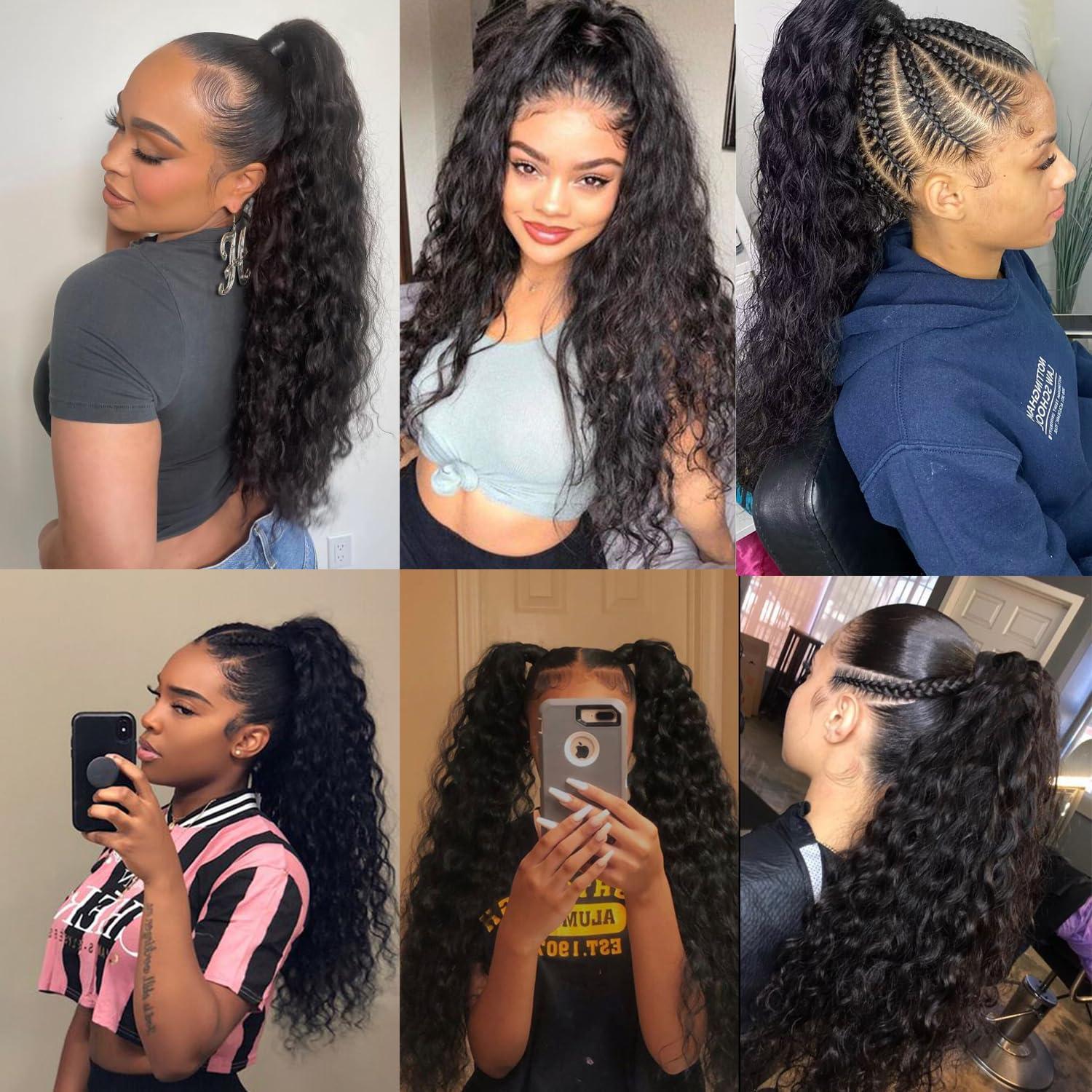 seelaak Seelaak Hair 18 inch Water Wave Ponytail Extensions Human Hair Wrap Around Corn Wave Pony Magic Paste Brazilian Human Hair Extensions for Women Natural Black