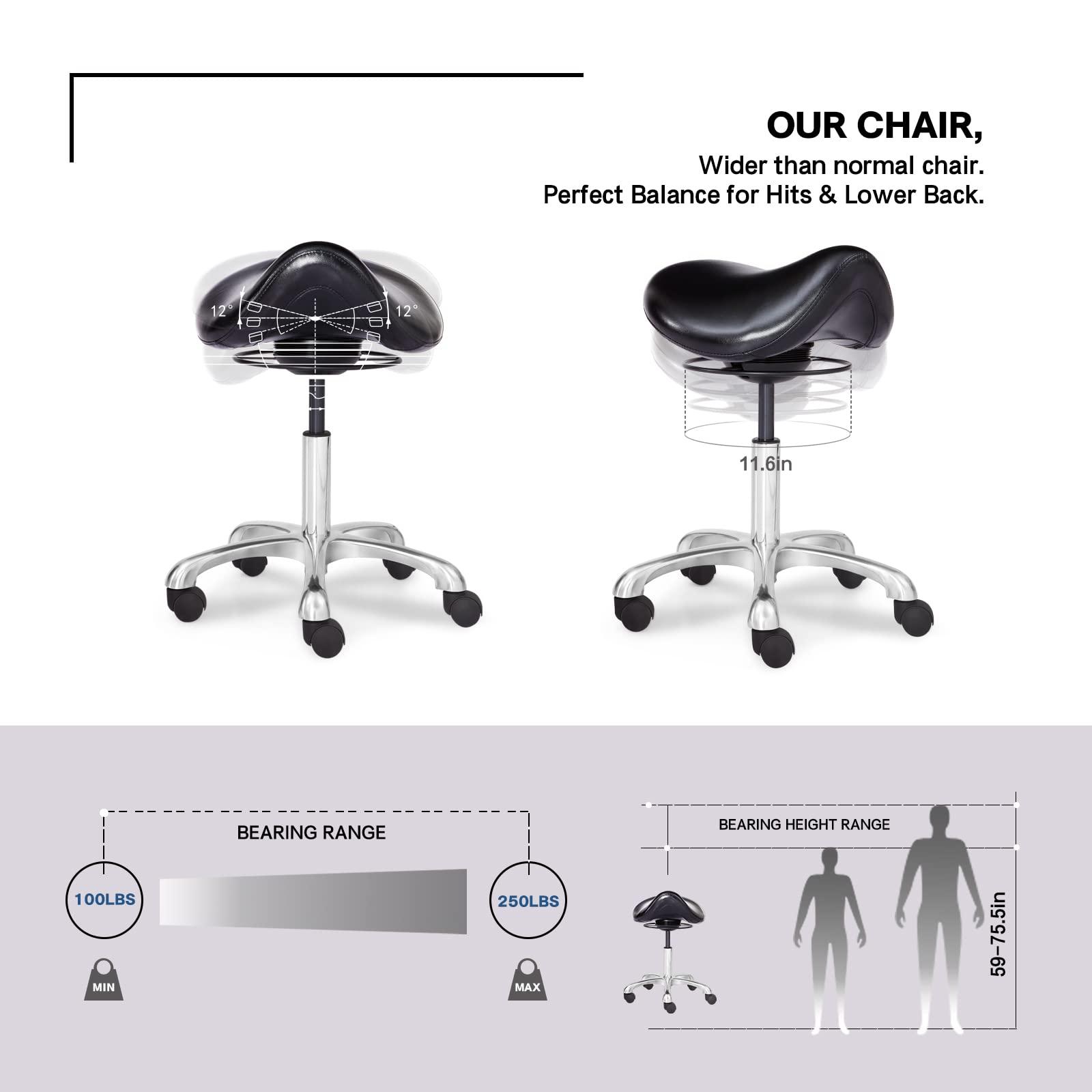 Eognyzie Saddle Stool Swivel Height Adjustable with Wheels Wobble Rolling Stool for Medical Massage Salon Kitchen Spa Drafting Lab Clinic Dentist, Ergonomic Hydraulic Seat Chair Office Stool