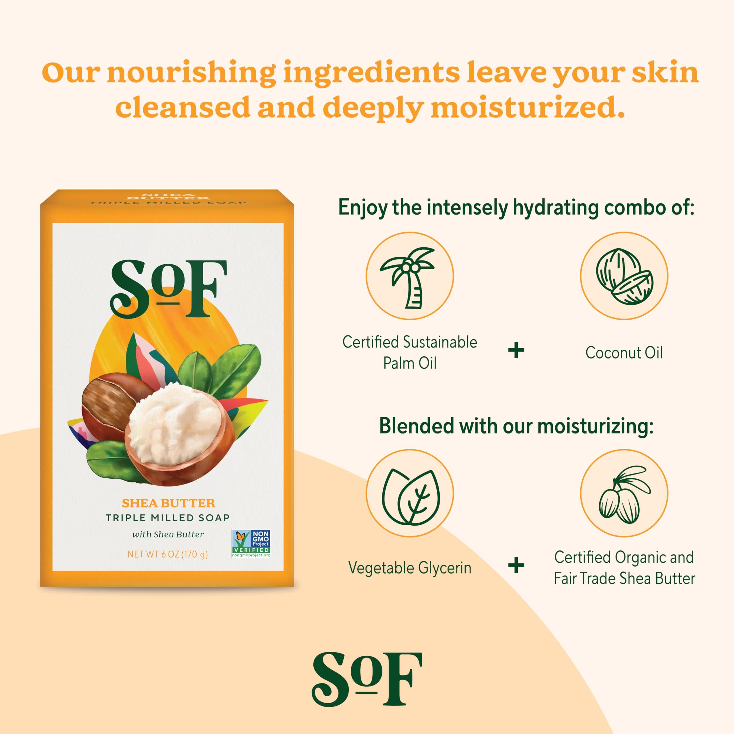 South of France Natural Body Care SoF Triple Milled Bar Soap - With Coconut Oil & Organic Shea Butter- Vegan & Non GMO- Free From Phthalates, Sulfates & Parabens- Shea Butter - 6 oz Bar 6 Bars