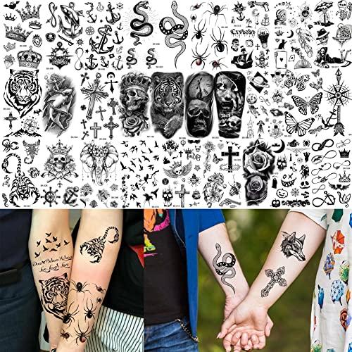 Bilizar Bilizar 48 Sheets 3D Small Temporary Tattoos For Kids Women Neck Girls Arm Boys, Temp Tiny Halloween Tattoo Stickers Men Spider Cross Scorpion Snake Tiger Lion, Flower Ghost Skull Fake Tatoos Acnhor