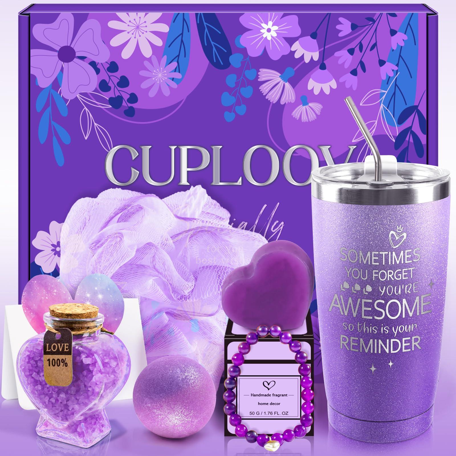 CUPLOOV Graduation Birthday Gift for Women Girls Mom- Unique Relaxing Spa Basket Gift Wine Tumbler Set for Her Wife Girlfriend Sister Friends Mothers Self Care 2025 Grad Presents, Purple