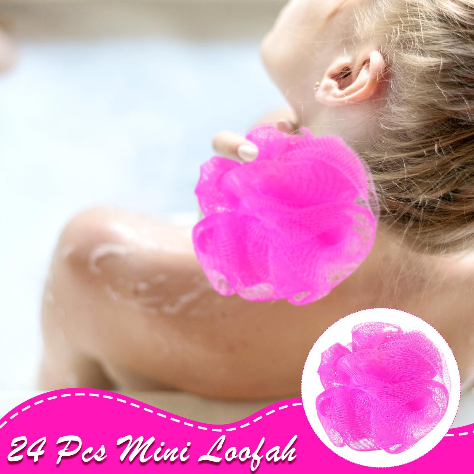Shellwei Shellwei 24 Pcs 3 Inch Mini Loofah Travel Size Bulk Shower Sponge Pouf Mesh for Women Kids Men Exfoliating Body Scrubber Baby Shower Favor(Rose Red)