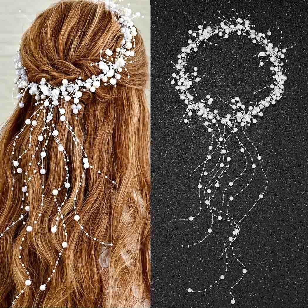 BARTOSI BARTOSI Pearl Bridal Headband Silver Pearl Tassel Wedding Hair Accessories Prom Headpiece for Women and Brides