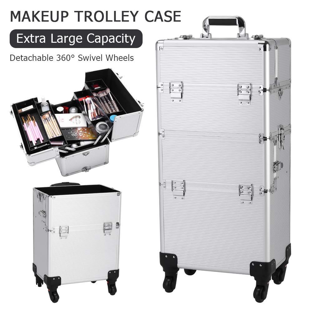 Hikarinowa 3 in 1 Aluminum Rolling Makeup Trolley Case,Professional Aluminum Rolling Cosmetic Trolley Train Case,Portable Makeup Organizer Suitcase,with Wheels,for Nail Tech Hairstylist Barber (Silver)