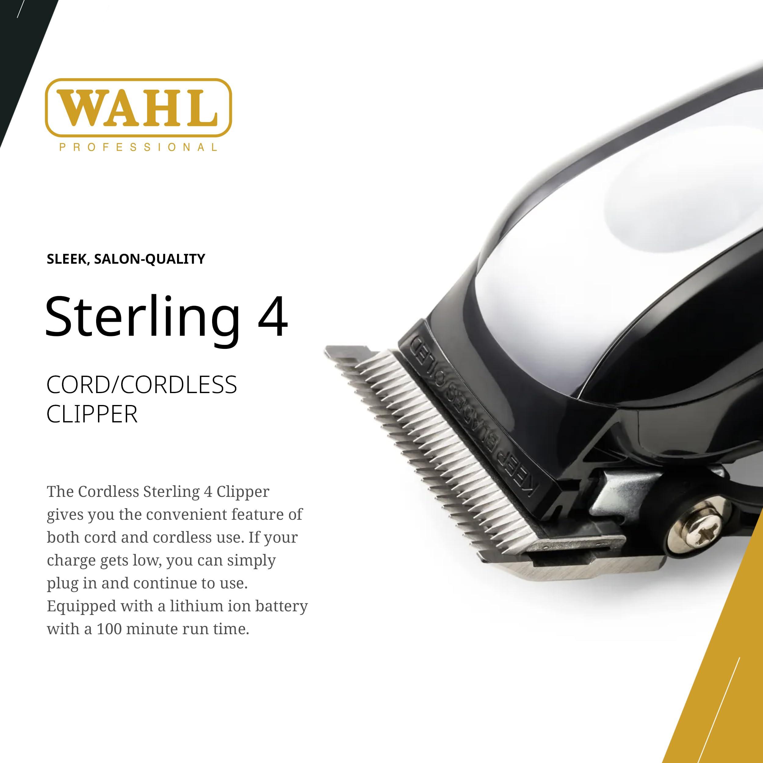 Wahl Professional Wahl Professional Sterling 4 Cordless Clipper Lithium Ion 100 Minute Run Time Taper Lever 8 Cutting Guides Silver