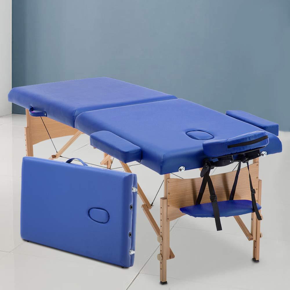 HGS Portable Massage Table Massage Bed Folding Spa Bed Tattoo Bed 2 Fold Height Adjustable Facial Cradle Salon Bed Professional Massage Table with Carry Case (Blue)