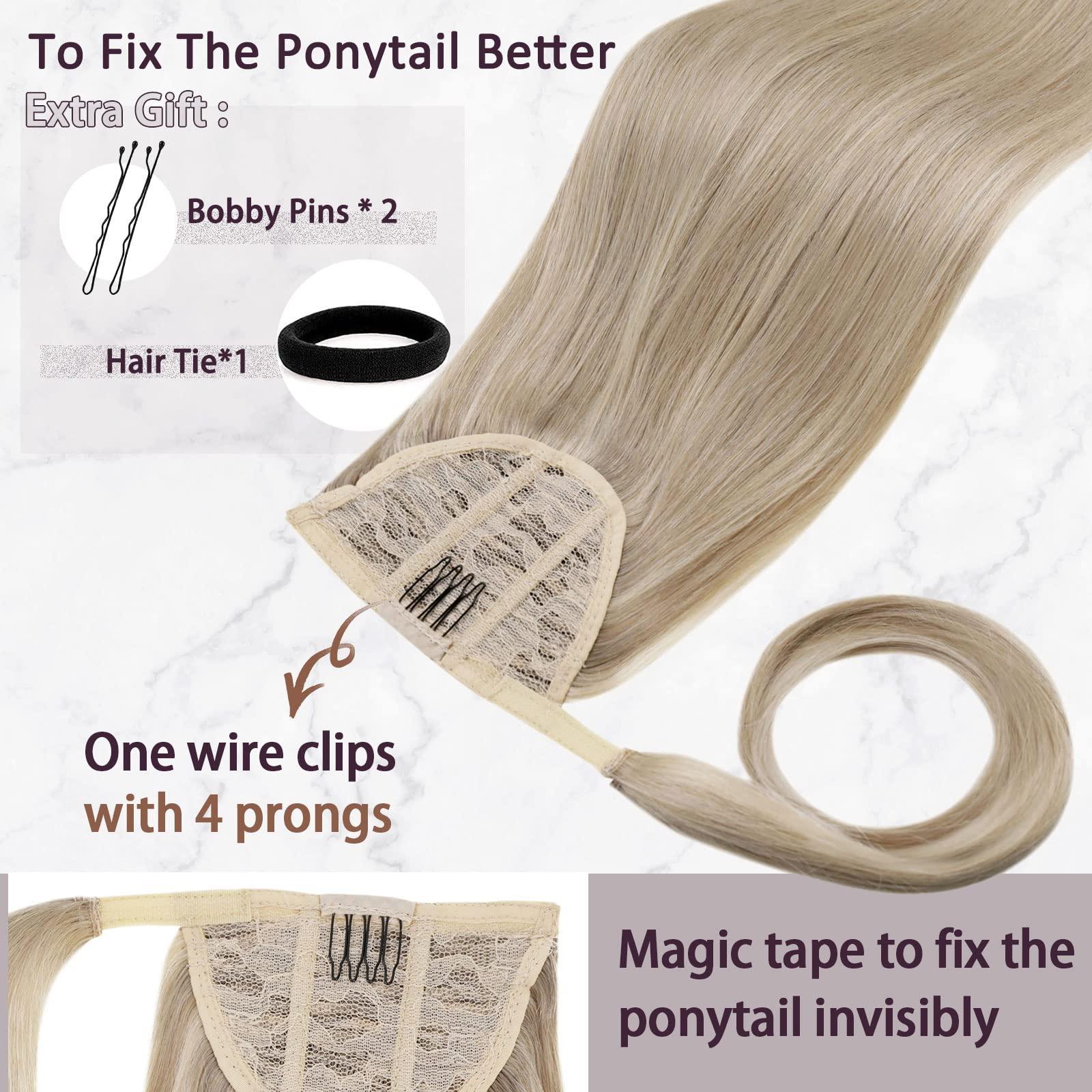 RUNATURE Light Ash Blonde Hiar Extensions Clip Ins 12 Inch Clip Hair Extensions #16p22 and #8p60 Brown with Blonde Human Hair Ponytail Extension 12 inch