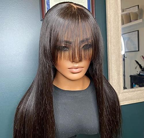 HAOKE Silk Top Wig Human Hair Straight Wigs Human Hair for Black Women Long Black Wig With Bangs Real Human Hair Jet Black Glueless Human Hair Wigs Middle Part Lace Front Wigs (18 inch,Jet Black )