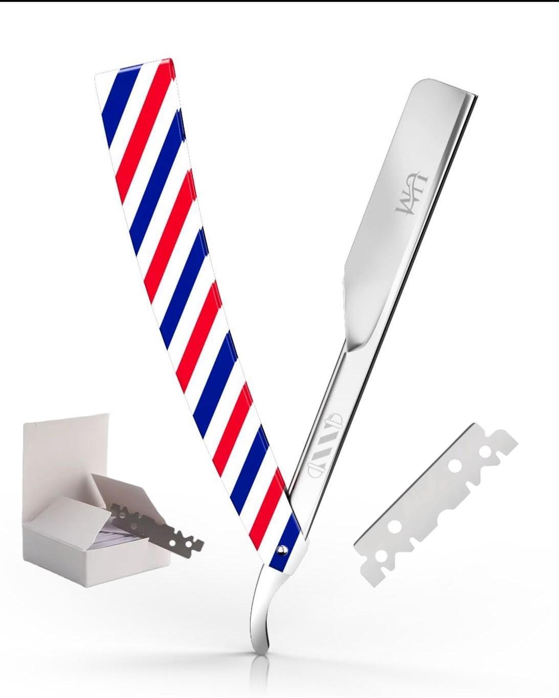 UM Supplies UM Supplies Straight Edge Barber Razor | Professional Men's Straight Shaving Razors kit With 10 Replaceable Blades | Cut Throat Shavette | Barber Pole Red, White, Blue