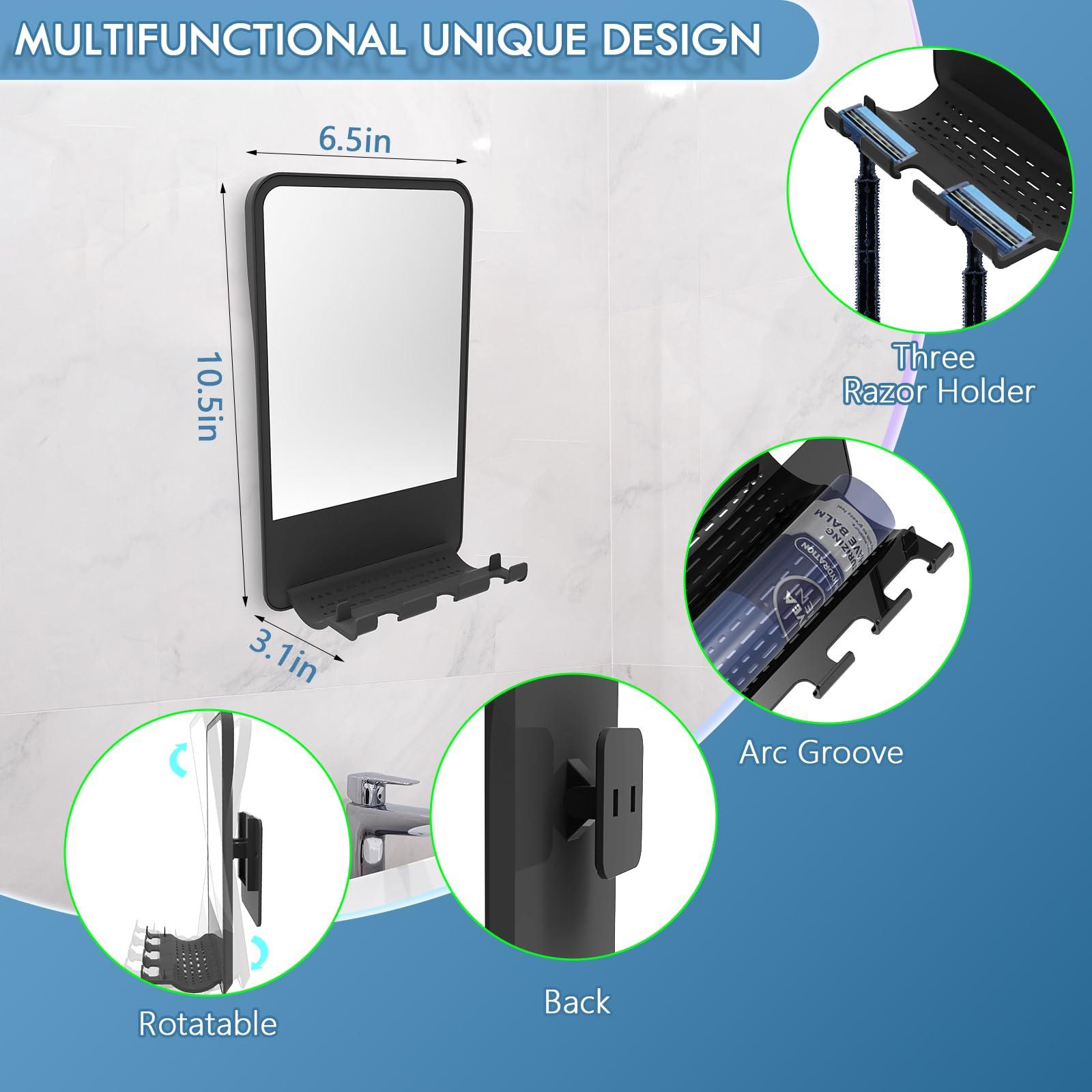 deaunbr Fogless Shower Mirror for Shaving, Anti Fog Mirror for Shower with Multifunctional Storage for Razor and Shaving Foam Canister,Bathroom Mirror for Men and Women