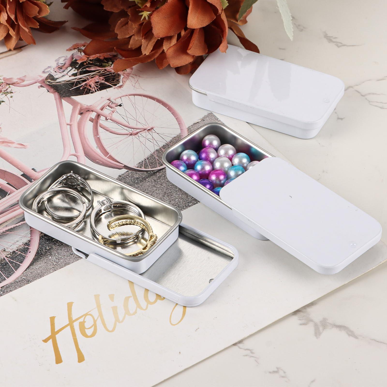 YAYODS YAYODS 100 Pack Mini Metal Tin Box, 2.36 x 1.3 x 0.4 Inch Empty Tins with Slide Top Lids Small Rectangular Tin Containers for Storage Jewelry, Candies, Crafts, Pills (White)