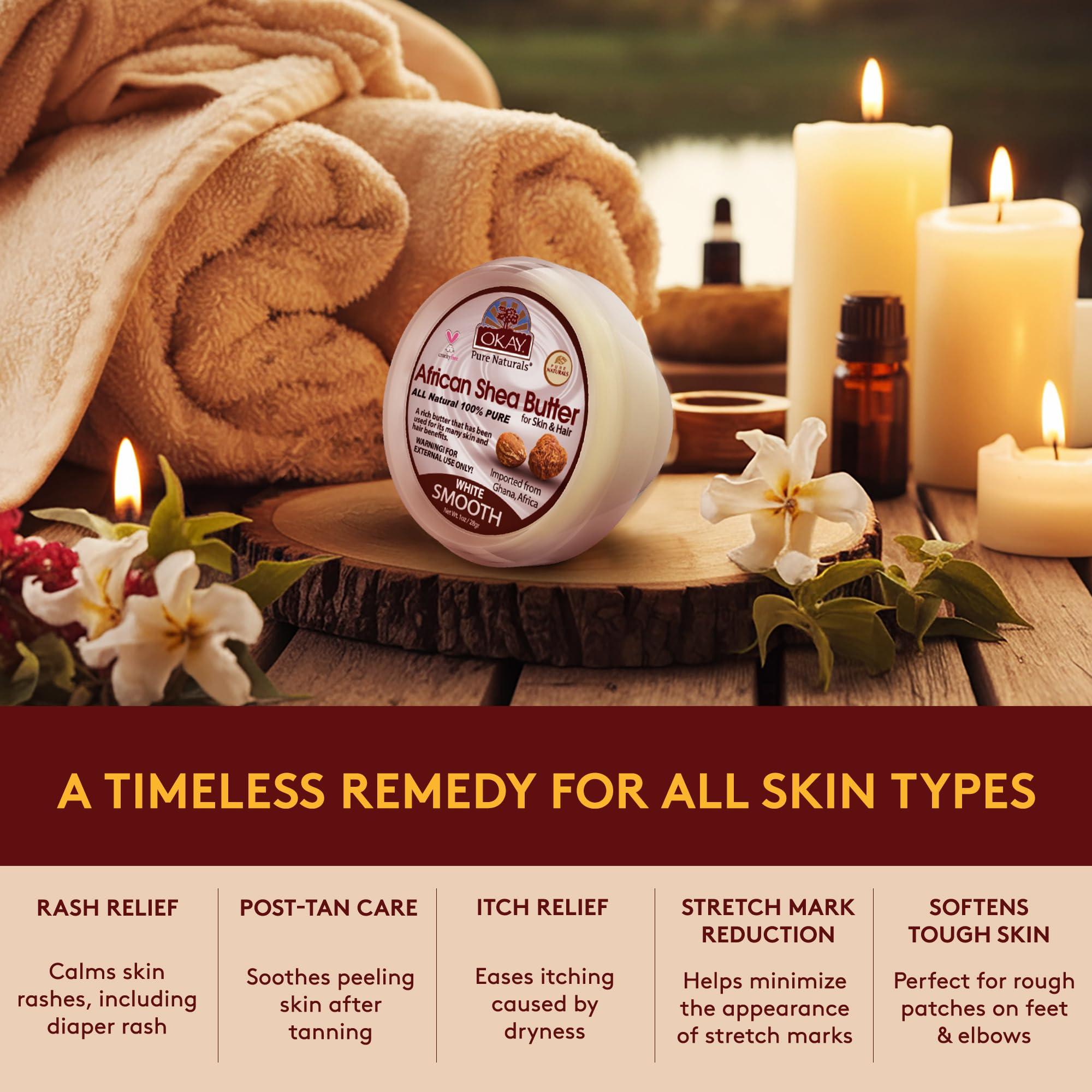 Okay OKAY Pure Naturals White Shea Butter for Hair and Skin - Raw African Shea Butter for Women and Men, Daily Moisturizer for Face and Body, Helps with Stretch Marks, Soothes Dry Skin - 1 Oz Jar