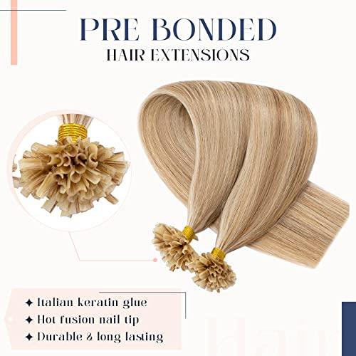 Hairro Hairro U Tip Hair Extensions Pre Bonded Fusion Hair Utip 100% Human Hair Glue Stick U-tip Remy Tipped Hairpiece Nail Tipped Hair Extension 100 Strands 50g 18" #18P613 Ash Blonde Mix Bleach Blonde