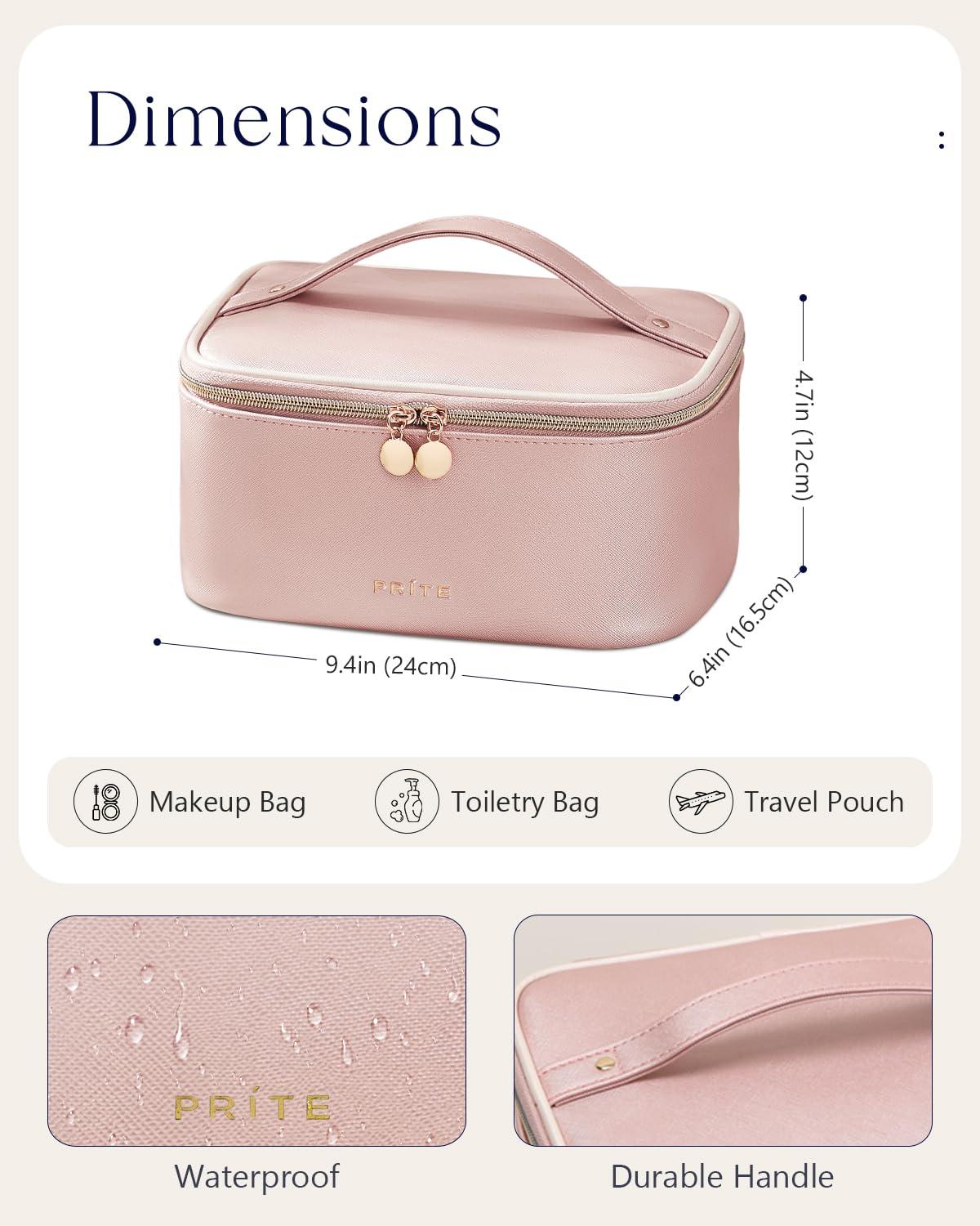 Prite Prite Makeup Bag, Large Capacity Portable Travel Cosmetic Bag, Waterproof Makeup Organizer for Women with Handle and Divider(Pearl Pink)