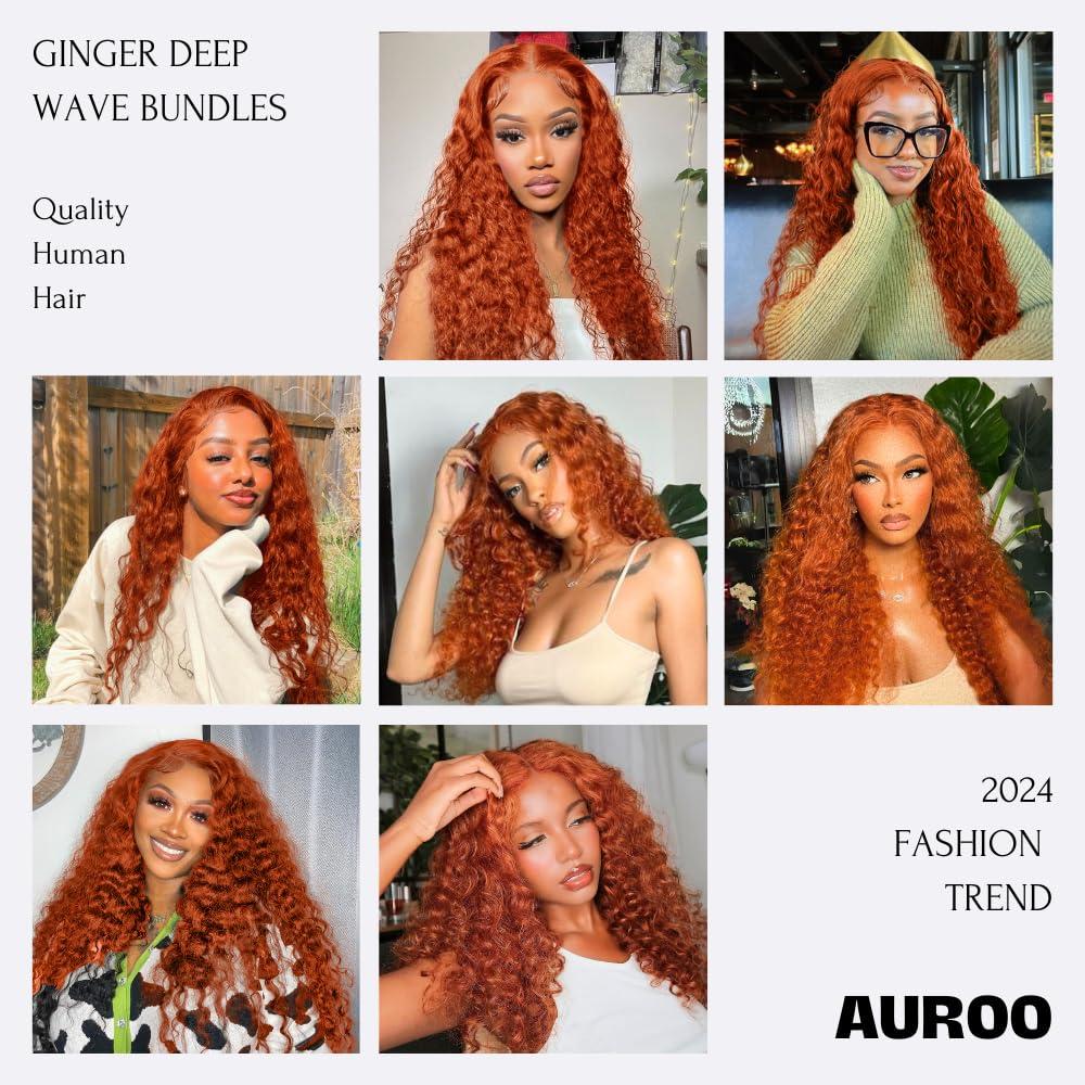 AUROO AUROO Ginger Bundles Human Hair 14 16 18 20 inch, Burnt Orange Deep Wave Human Hair Bundles Curly Ginger Hair 100% Virgin Remy Brazilian Weave Soft Thick 350 Ginger Wavy Bundles Human Hair Sew In