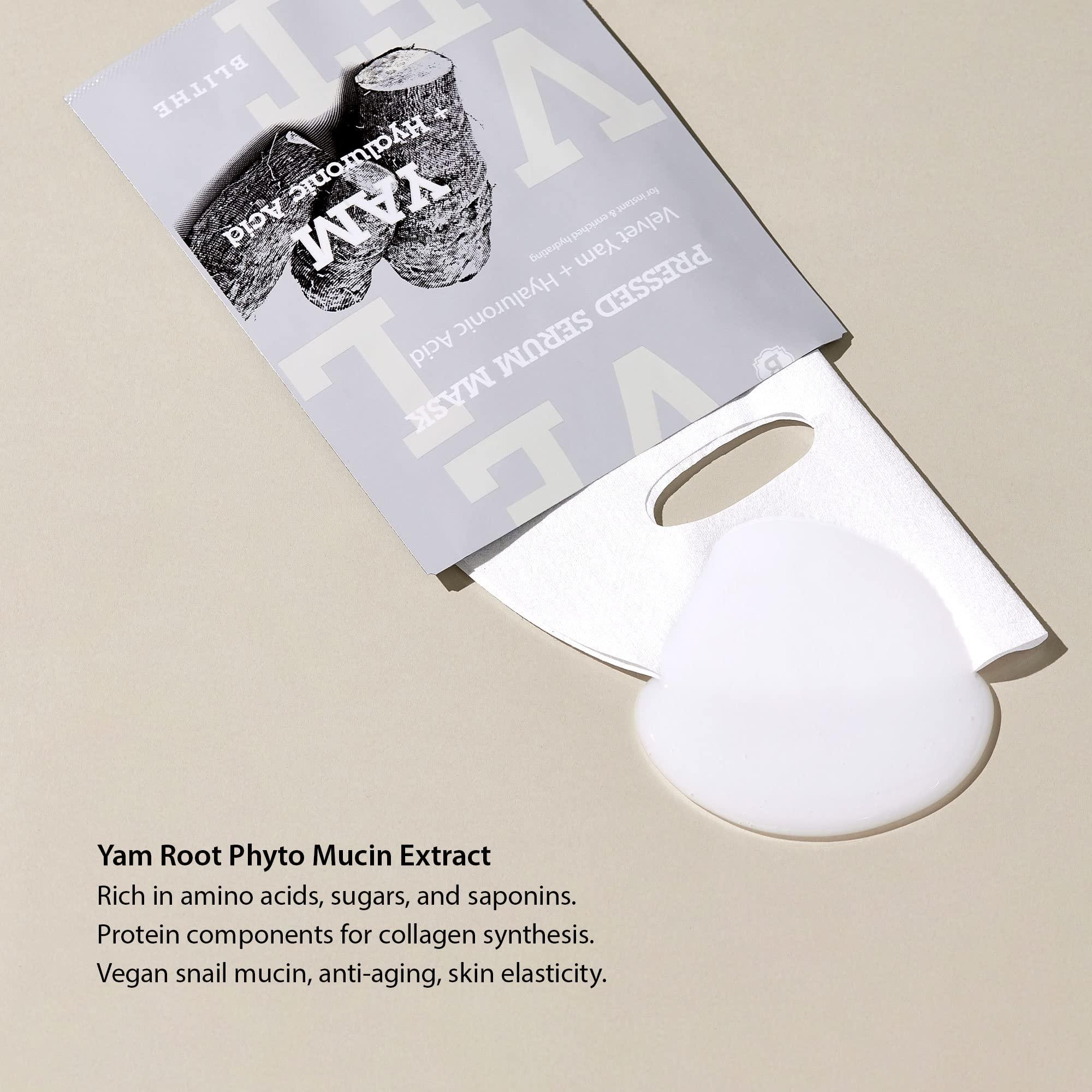 BLITHE BLITHE Replenish & Plump Bundle Set for Dry Mature Skin - Korean Skin Lifting Duo Self Care Gifts for Women for Anti-Aging (Pressed Serum Tundra Chaga, Velvet Yam Sheet Mask 5-Pack)